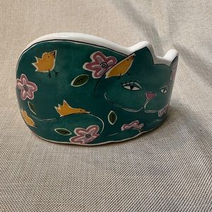 Vintage Teal and White Whimsical Cat Dish